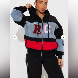 Fashion Nova Black and Red Denim Hoodie Jacket
